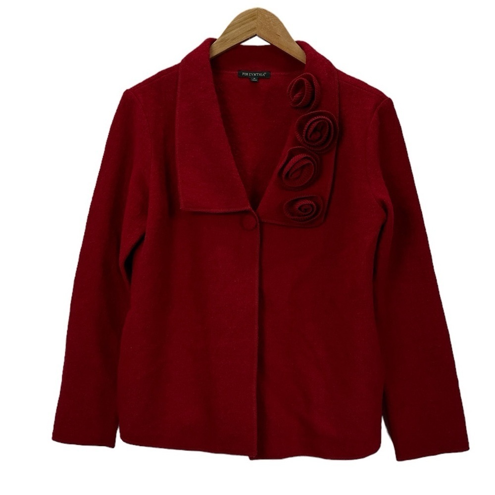 For Cynthia Rosette Trim Deep Red Wool Cardigan